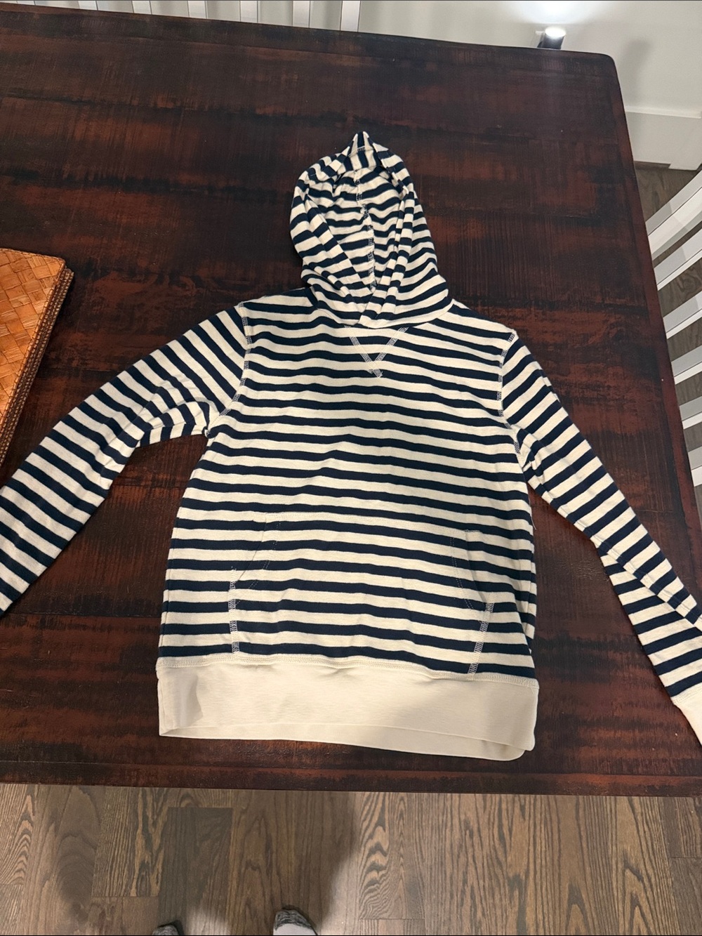 Boys youth J Crew Crewcuts Striped Navy and Cream Hooded Pullover, size 10